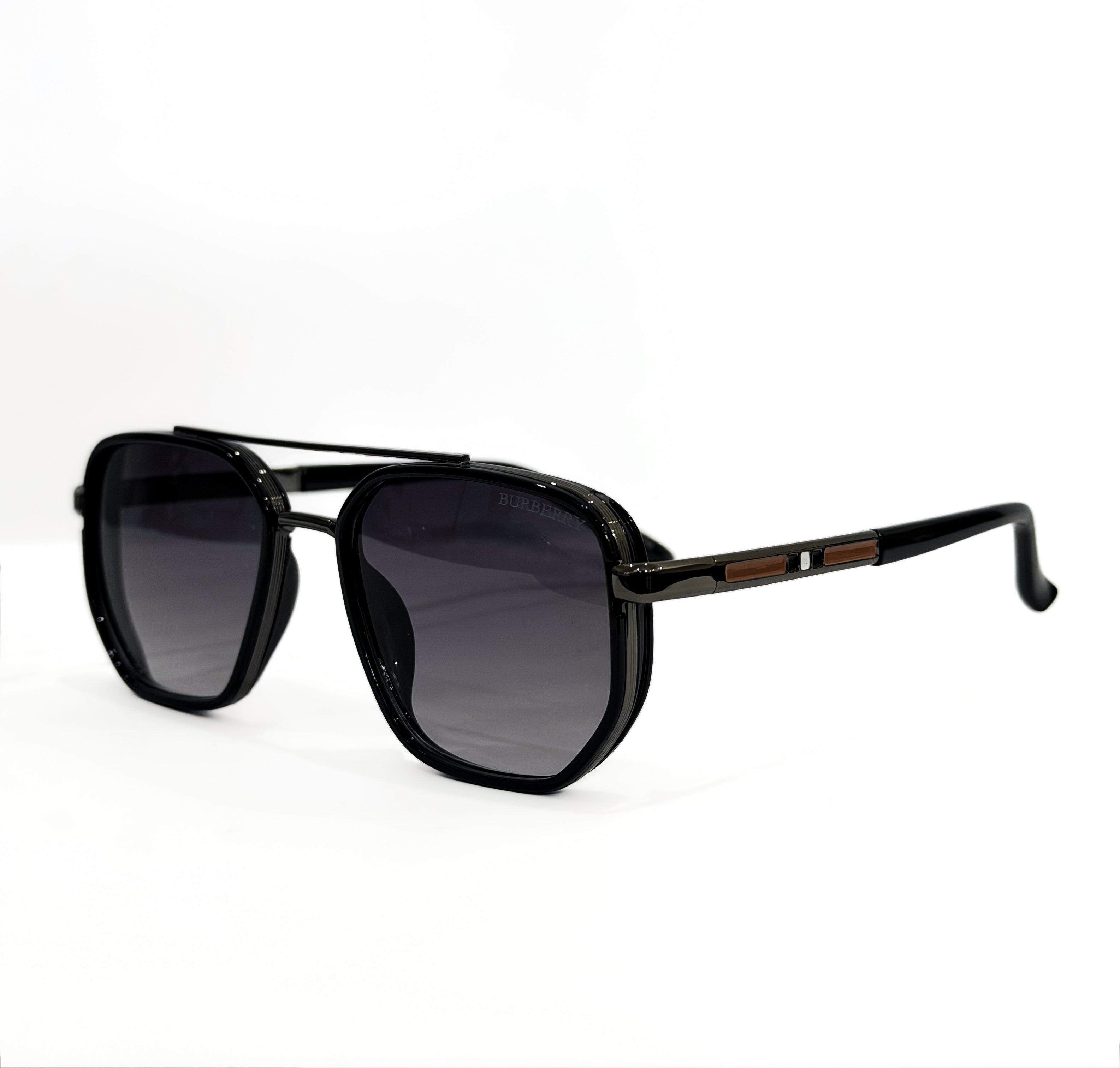 Burberry Geometric Aviator Sunglasses | Black Frame with Brown & Gold Accents | C-336